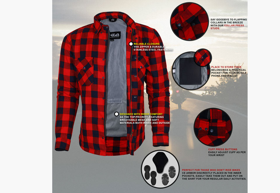 Mens Motorcycle Exo Protective Kevlar Flannel Shirts