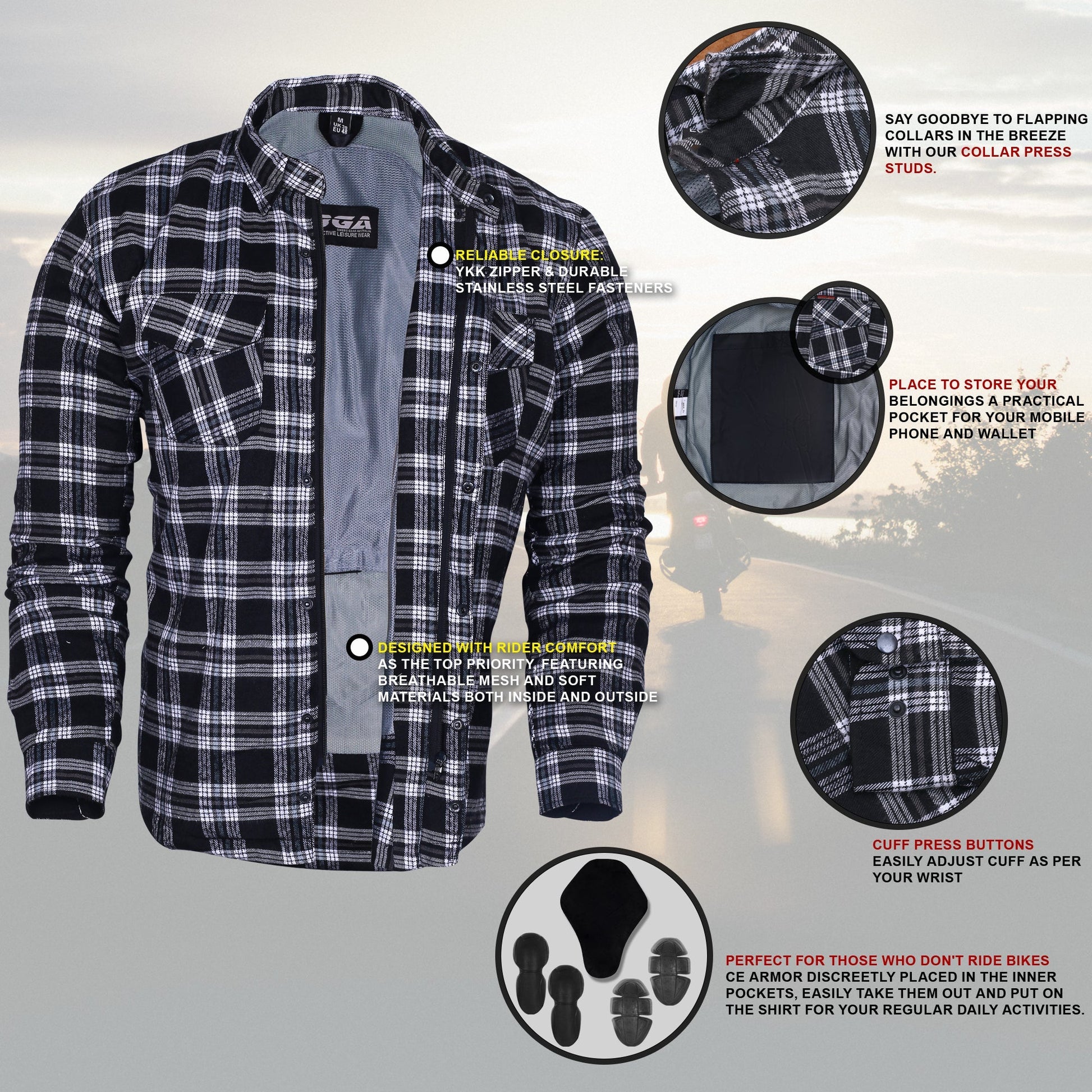 Motorcycle Mens Timber HD Lined with Kevlar Shirt Removable CE Armour
