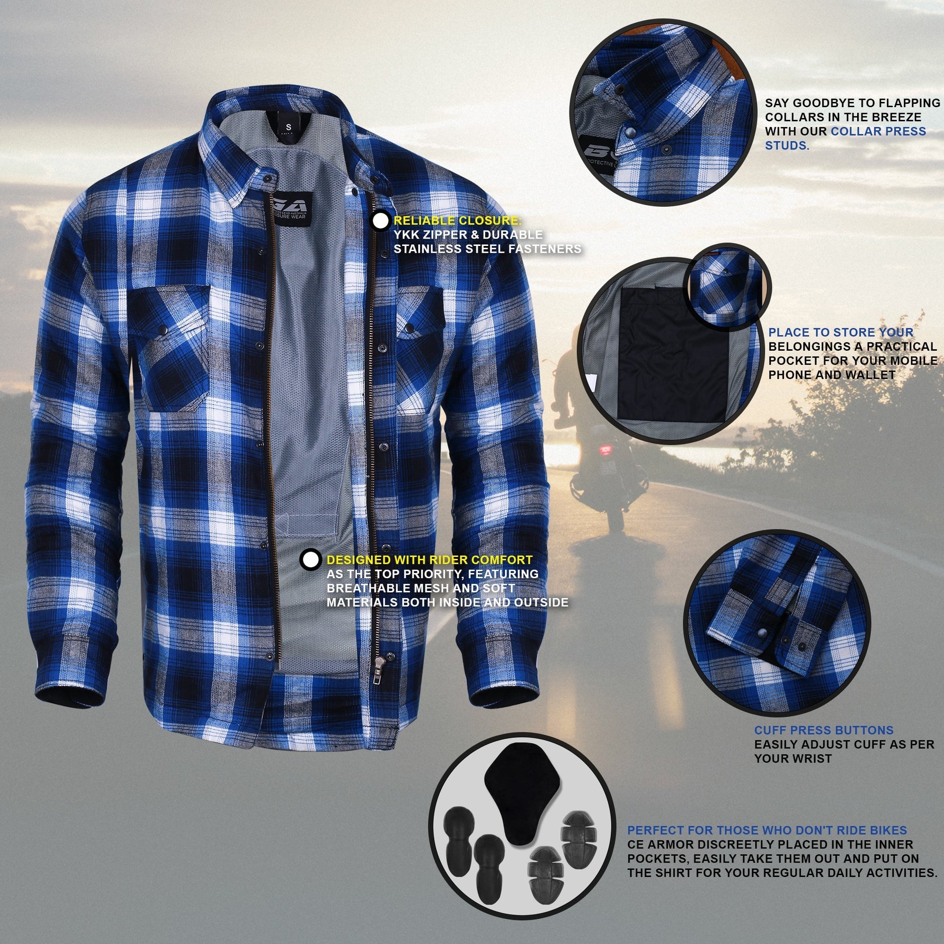 Motorcycle Mens Timber HD Lined with Kevlar Shirt Removable CE Armour