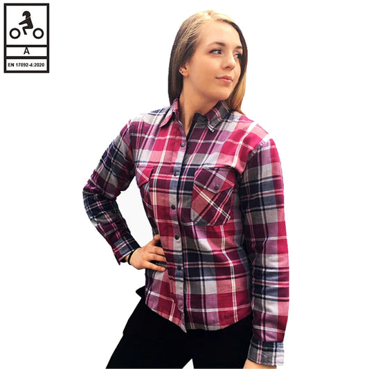 Camicie da motociclista Brat Ladies in flanella foderate in Kevlar rosa/grigio
