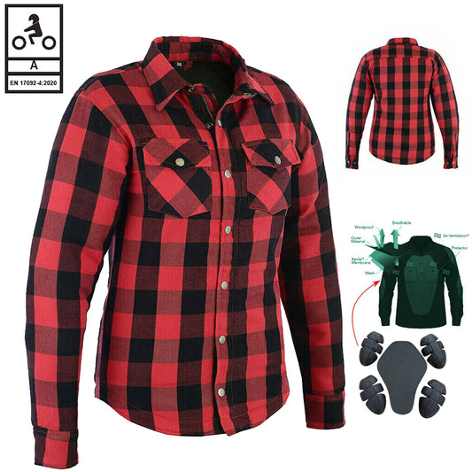 Camicie da motociclista Brat Ladies in flanella foderate in Kevlar, rosse/nere