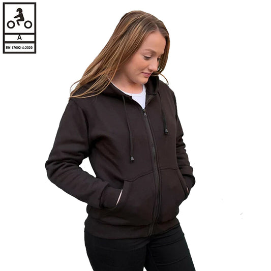Felpa con cappuccio da motociclista foderata in Kevlar da donna, armatura CE nera 