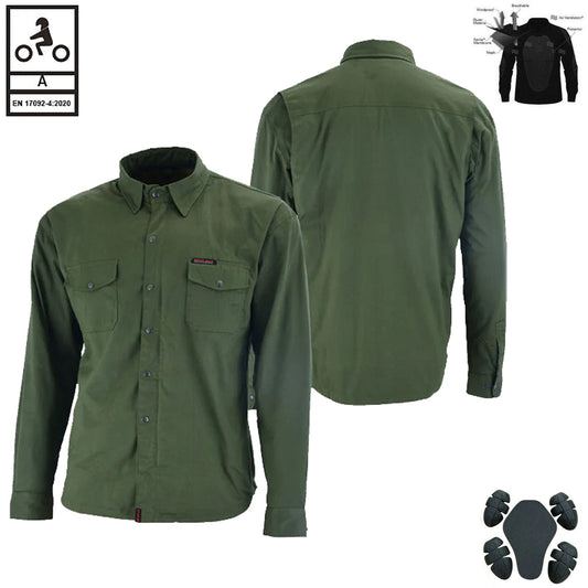 Camicia da motociclista da uomo Icon HD in flanella foderata in Kevlar, verde oliva