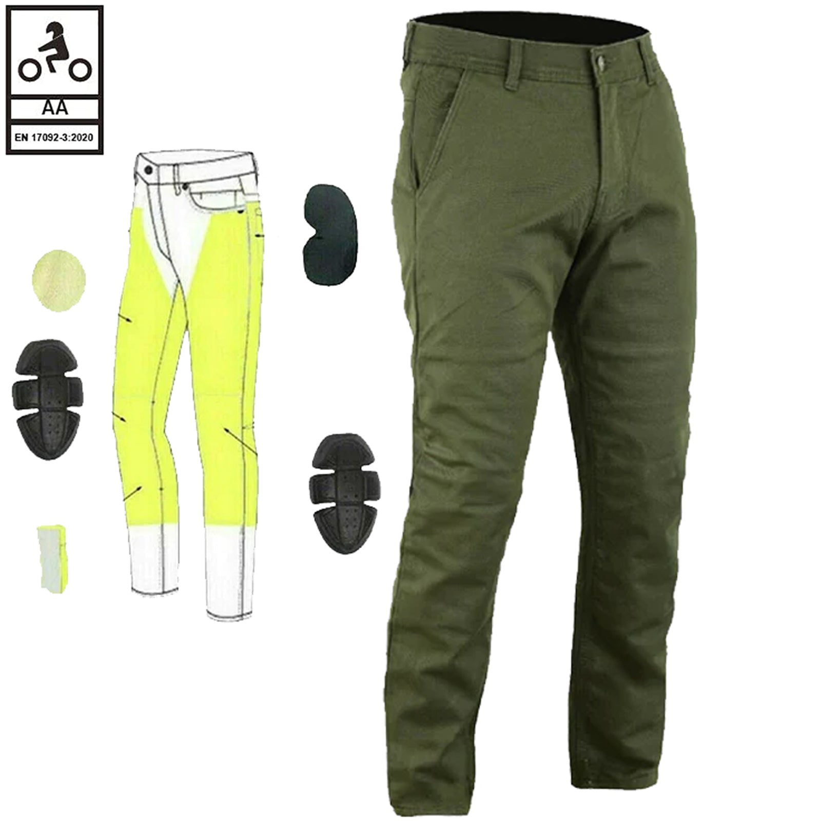 Pantaloni chino da motociclista Stork da uomo foderati in Kevlar, colore verde oliva