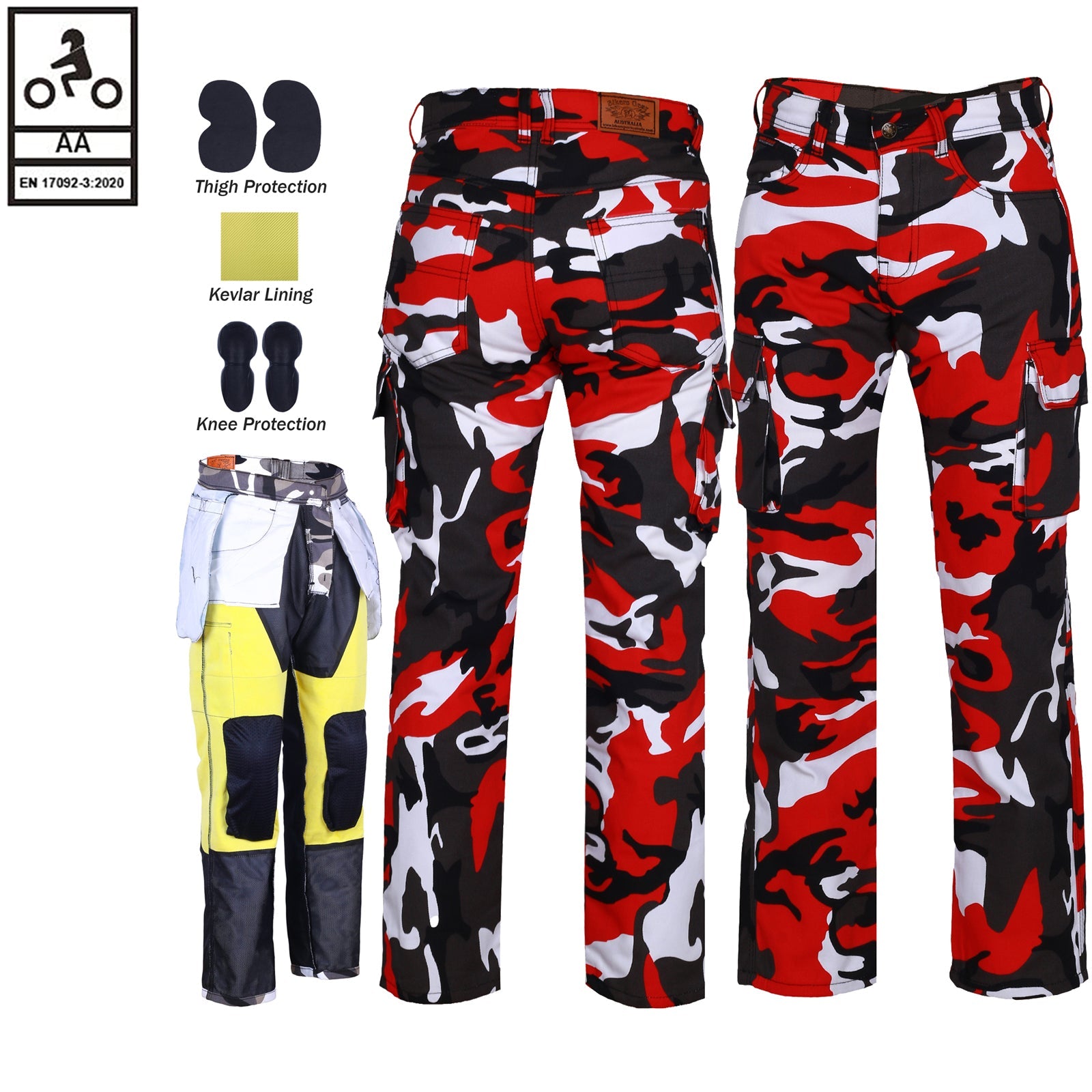 Pantaloni cargo da motociclista Robin da uomo foderati in Kevlar, rossi/mimetici