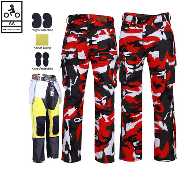 Pantaloni cargo da motociclista Robin da uomo foderati in Kevlar, rossi/mimetici