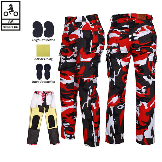 Pantaloni cargo da motociclista Robin da donna foderati in Kevlar, rossi