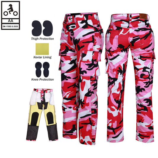 Pantaloni cargo da motociclista Robin da donna foderati in Kevlar, rosa