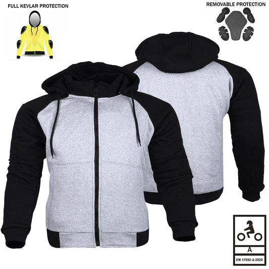 Felpa con cappuccio protettiva da motociclista Alpha con fodera in Kevlar, nera/grigia