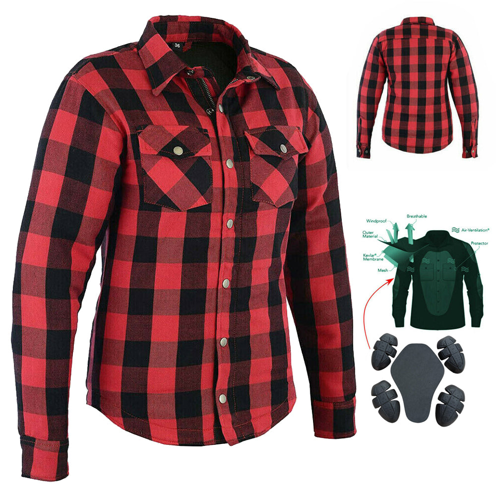 Brat Ladies Motorcycle Flannel Lined with Kevlar Shirts Red/Black