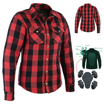 Camicie da motociclista Brat Ladies in flanella foderate in Kevlar, rosse/nere