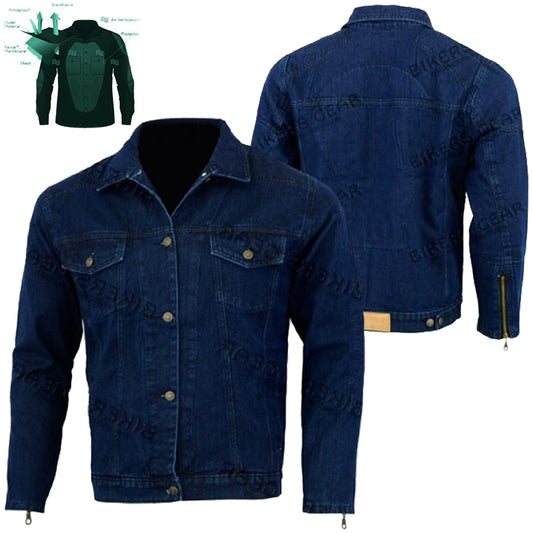 Giacca da motociclista da uomo in denim foderata con Kevlar, blu