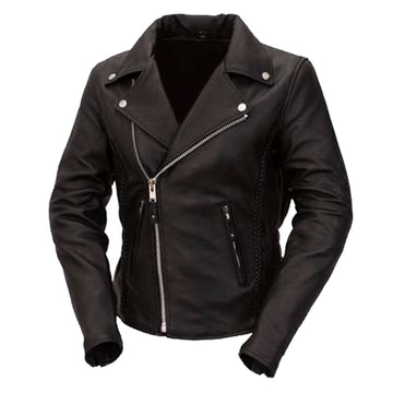 Womens Braided Brando Motorcycle Leather Jacket Black