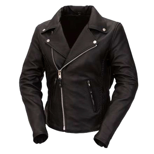 Giacca da motociclista in pelle intrecciata Brando da donna, nera
