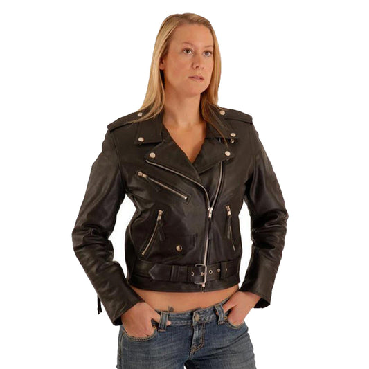 Giacca da motociclista in pelle con cintura Brando da donna, nera