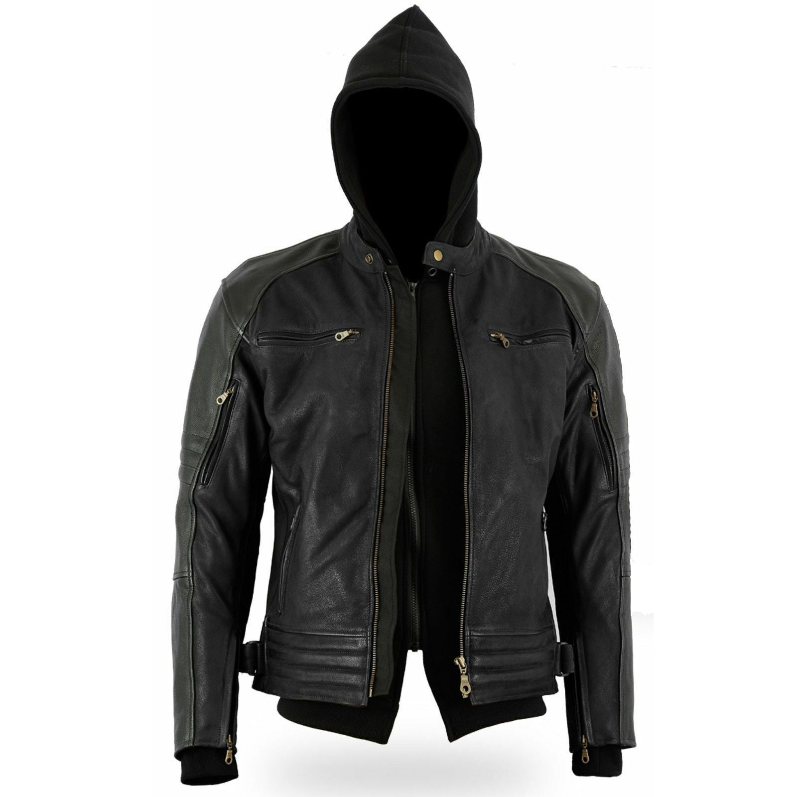 Mens Motorcycycle Leather Jacket Cobar Waxed Nubuck Hooded Style Black
