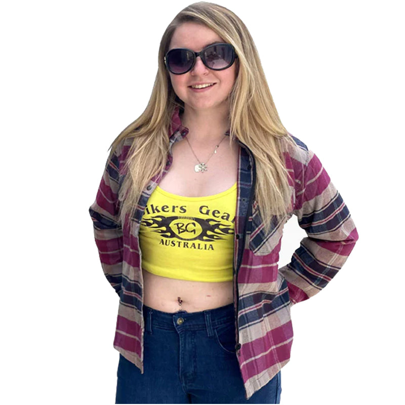 Brat Ladies Motorcycle Flannel Lined with Kevlar Shirts Pink/Grey