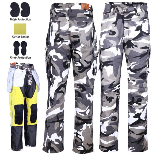 Pantaloni cargo da motociclista Robin da uomo foderati in Kevlar, grigi/mimetici