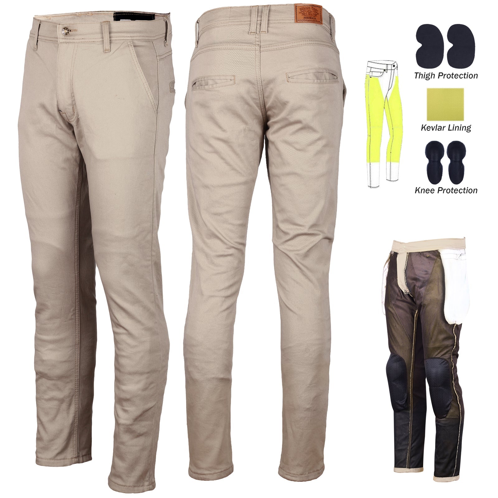Stork Mens Motorcycle Lined with Kevlar Chinos Pants Tan